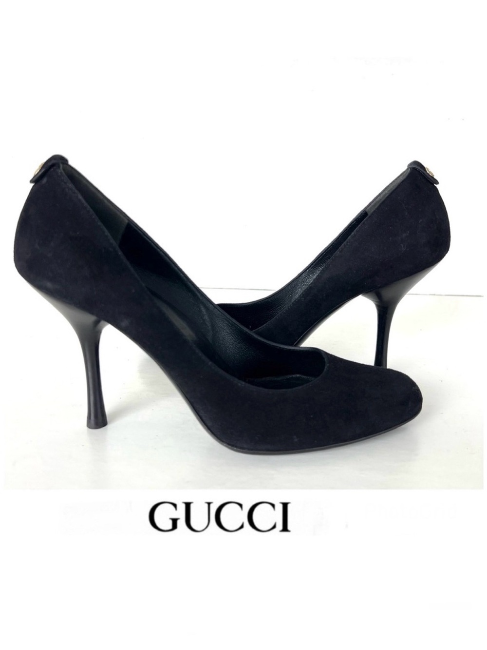 GUCCI Black Suede Interlocking GG Logo In Back Closed Toe Heel Pumps Sz 7 1/2 B